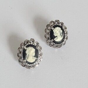 Vintage Sterling Silver Victorian Revival Oval Cream Black Cameo Stud Earrings